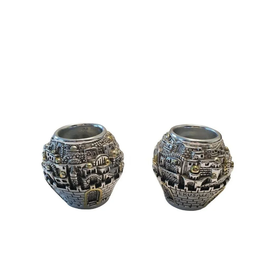 Pair Of Jerusalem Silver & Gold Plated Candle Holders With Intricate City Design